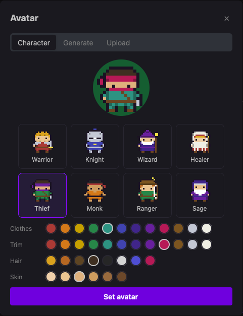 The avatar picker: eight classes and swatches for clothes, trim, hair, and skin
