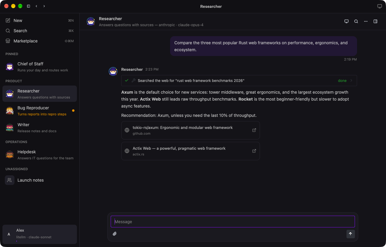 Asylum showing a Researcher Agent comparing Rust web frameworks with cited sources